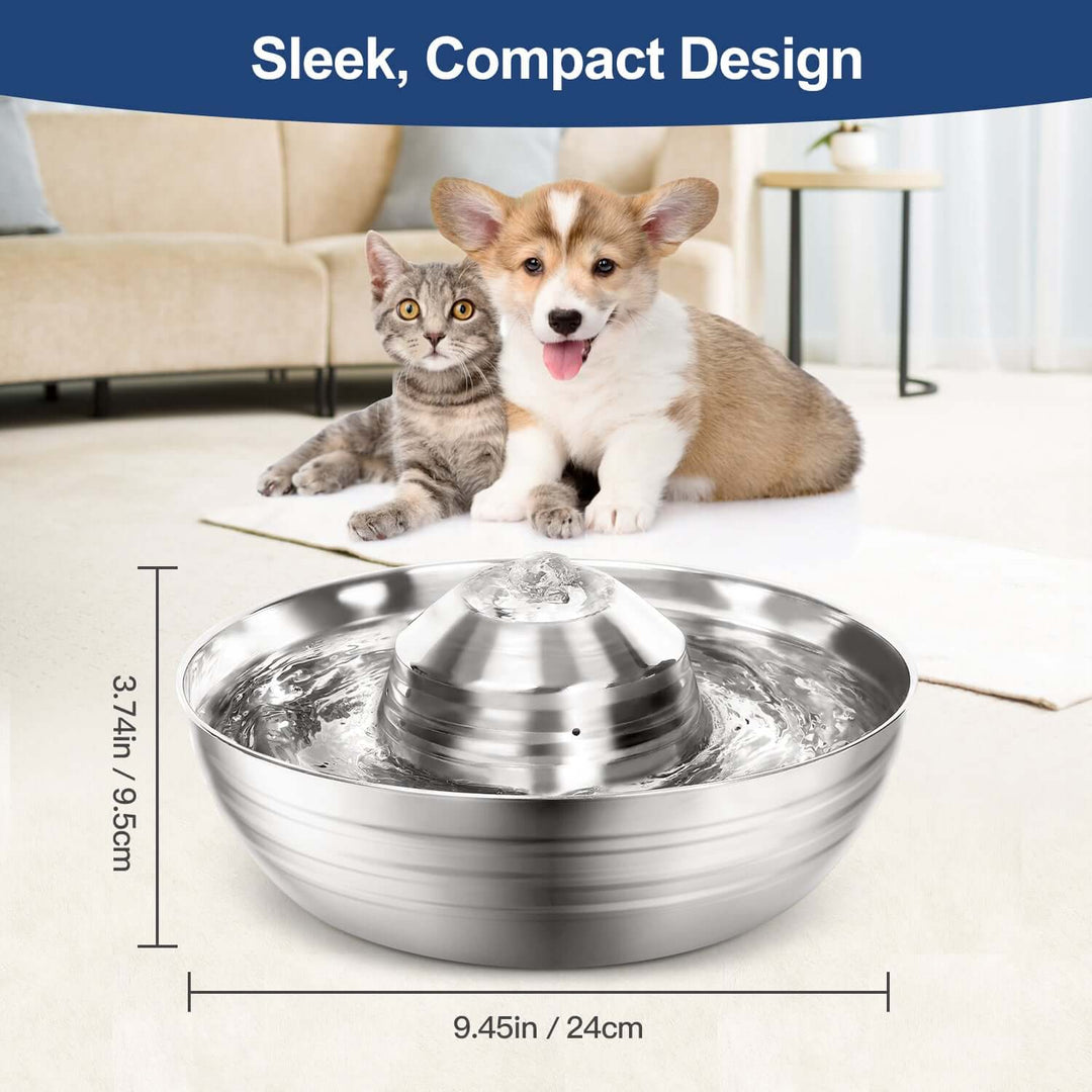 Affordable stainless steel automatic pet water fountain with sleek design, surrounded by a dog and cat.