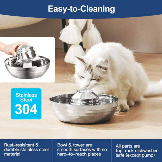 Cat drinking from a stainless steel pet water fountain, featuring easy-to-clean design and durable materials.