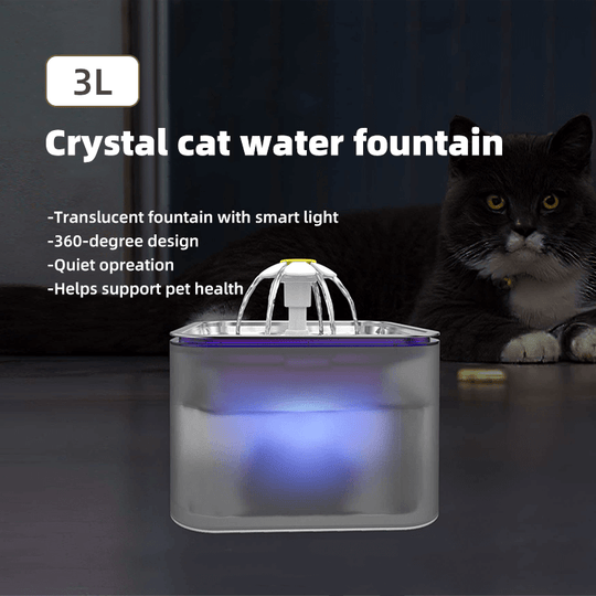 3L crystal cat water fountain, translucent design with smart light, supports pet health, quiet operation, 360-degree access.