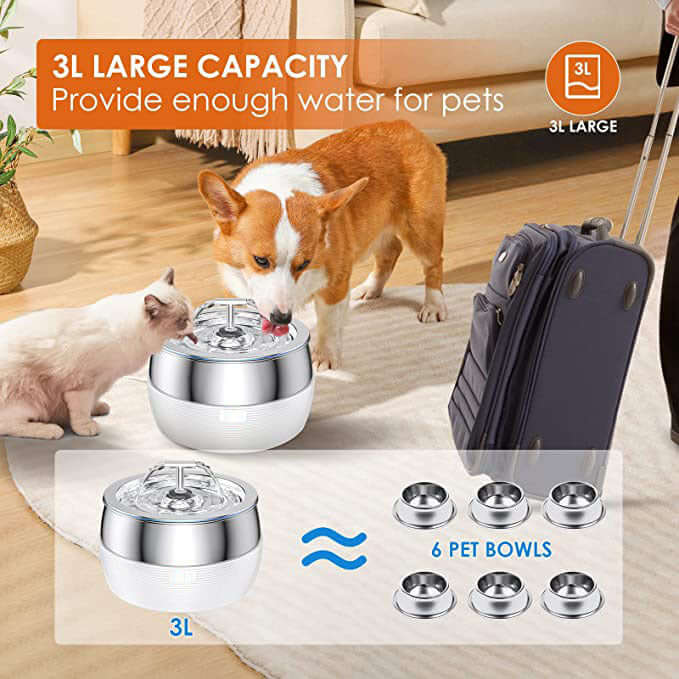 3L large capacity automatic pet water fountain for dogs and cats with six pet bowls, ideal for keeping pets hydrated.