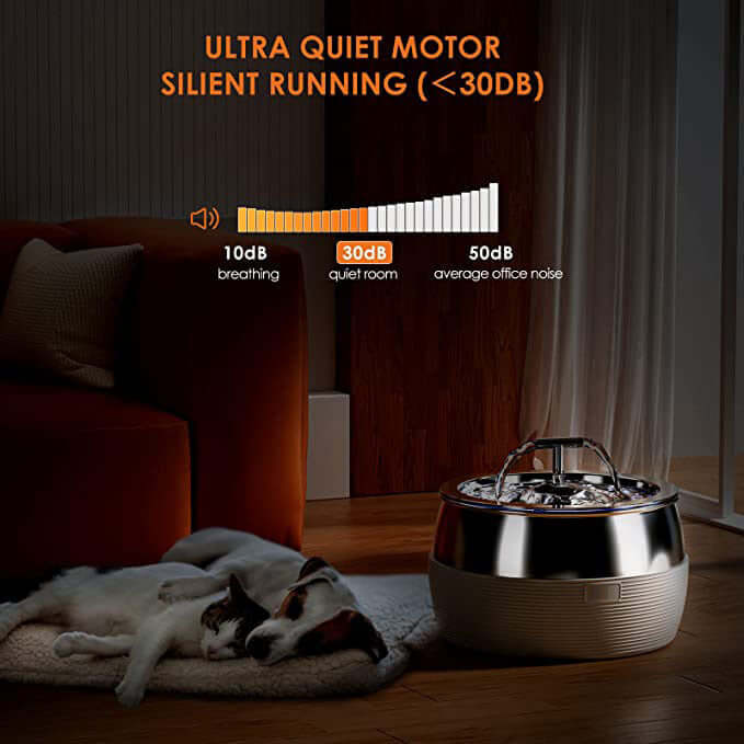 Pet water fountain with ultra quiet motor, showing noise comparison chart and dogs resting nearby.