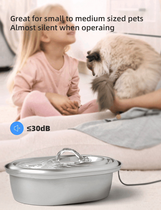 Automatic pet water fountain for small to medium pets, operates quietly under 30dB, stylish stainless steel design.