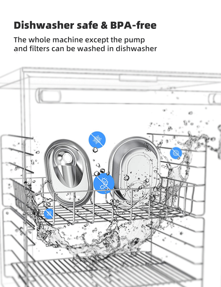 Dishwasher safe stainless steel pet water fountain components being cleaned in a dishwasher, BPA-free design.