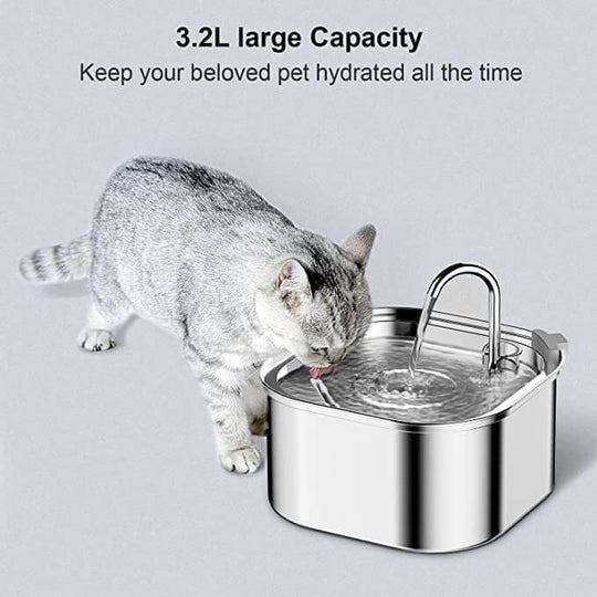 Cat drinking from a 3.2L stainless steel automatic pet water fountain, promoting hydration for pets.