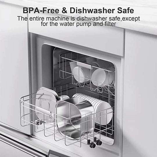 BPA-free and dishwasher safe pet water fountain components in a dishwasher, excluding the pump and filter.