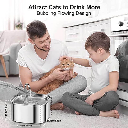 Father and son playful with cat near YES4PETS 3.2L Automatic Pet Water Fountain in a stylish kitchen.