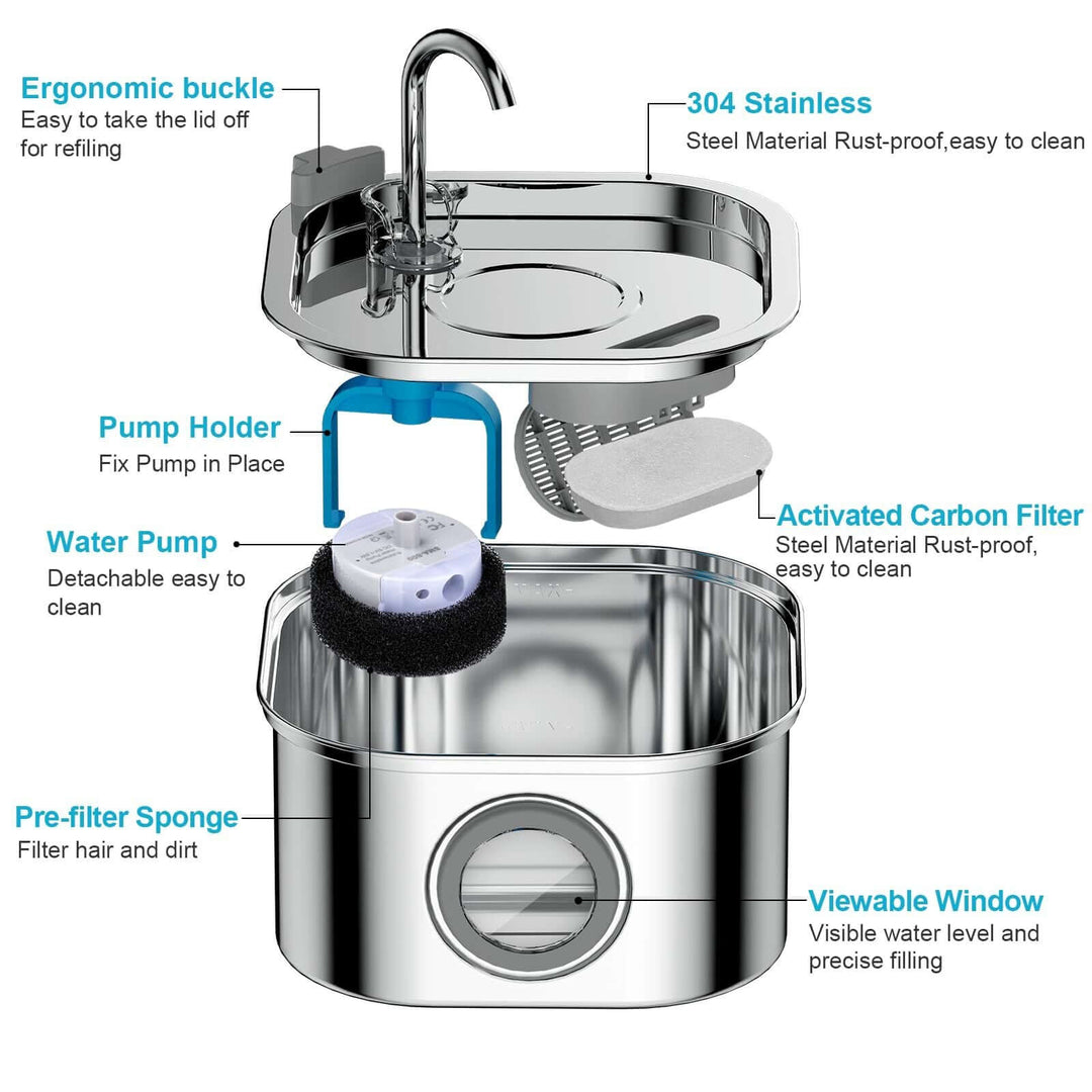 Detailed components of YES4PETS automatic pet water fountain: stainless steel parts, water pump, filter, and ergonomic design.