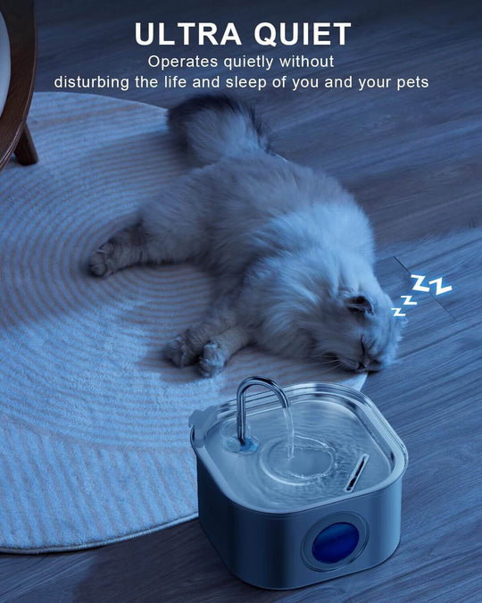 Ultra quiet pet water fountain with a sleeping cat beside it, promoting peaceful pet hydration.