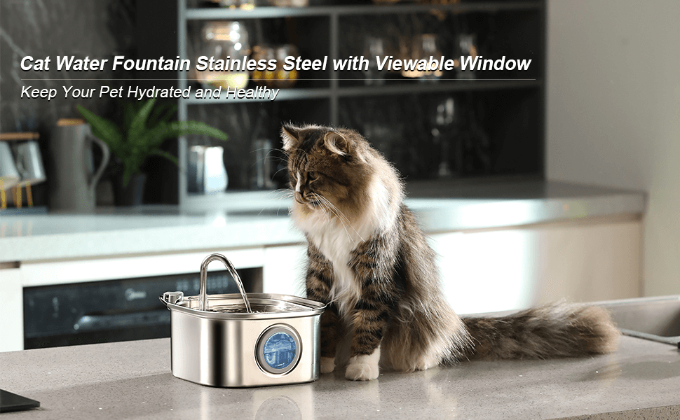 Cat water fountain in stainless steel with viewable window, promoting hydration and health for pets.