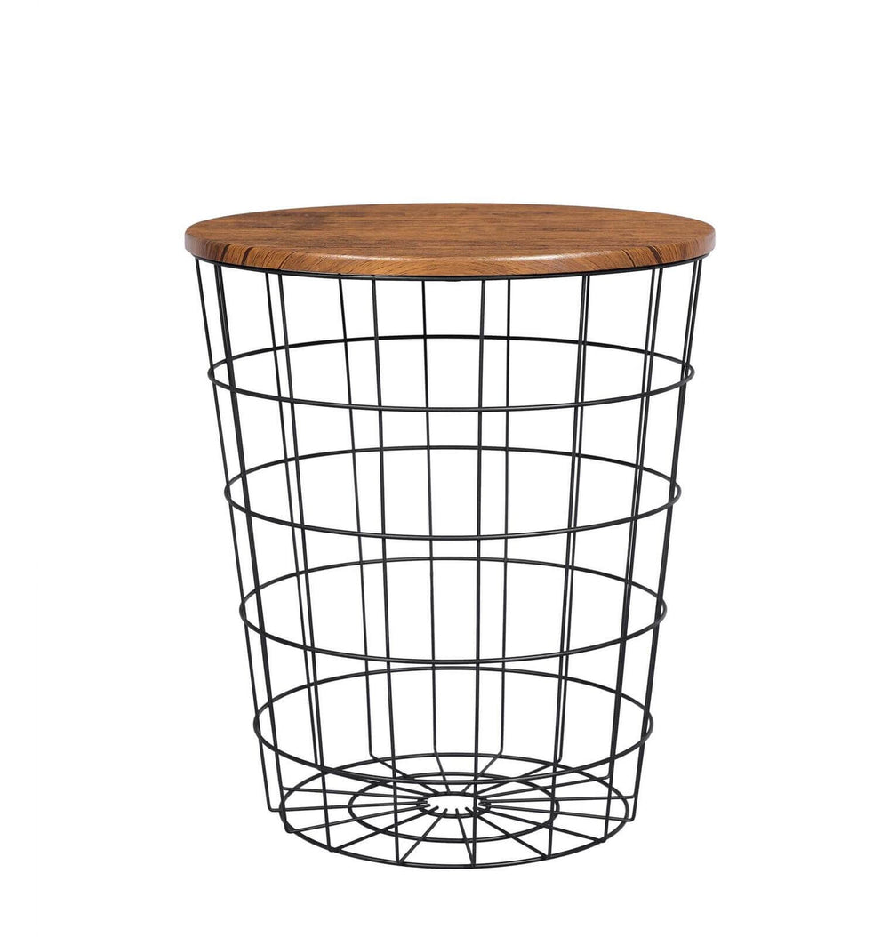 Vintage round side table with wood top and black wire frame, perfect for rustic decor in living rooms.