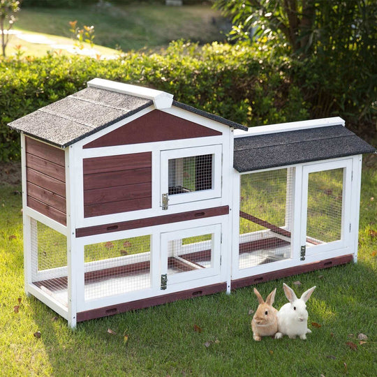 YES4PETS double storey rabbit hutch with two rabbits in front, ideal for small pets and easy maintenance.