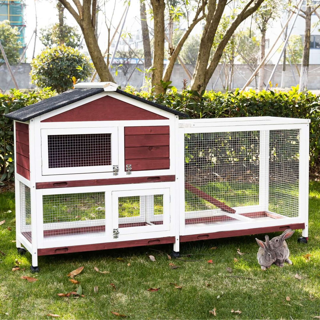 YES4PETS double storey rabbit hutch with pull-out tray on wheels, suitable for small pets like rabbits and guinea pigs.