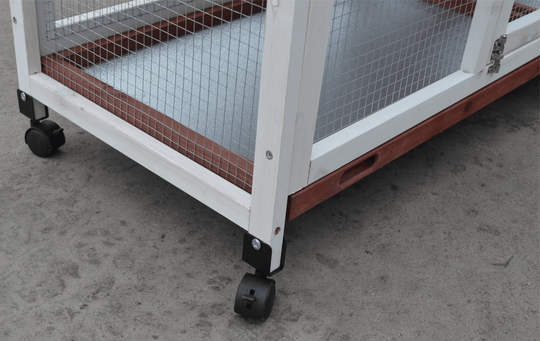 Close-up of the wheel base and metal grid of the YES4PETS Double Storey Rabbit Hutch, designed for easy mobility and cleaning.