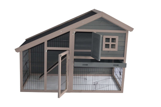 YES4PETS Grey Chicken Coop Rabbit Hutch with secure door, mesh wire, and wooden structure for pets.