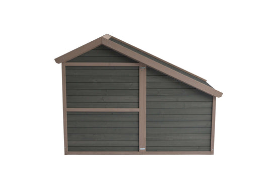 Grey chicken coop with sloped roof, featuring solid wood construction and a durable design for outdoor use.