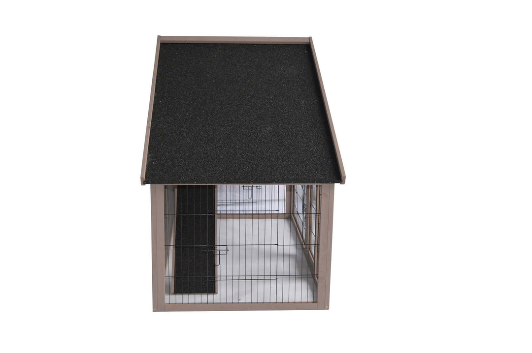 Affordable grey chicken coop with sturdy metal structure and waterproof roof, ideal for rabbits or chickens.