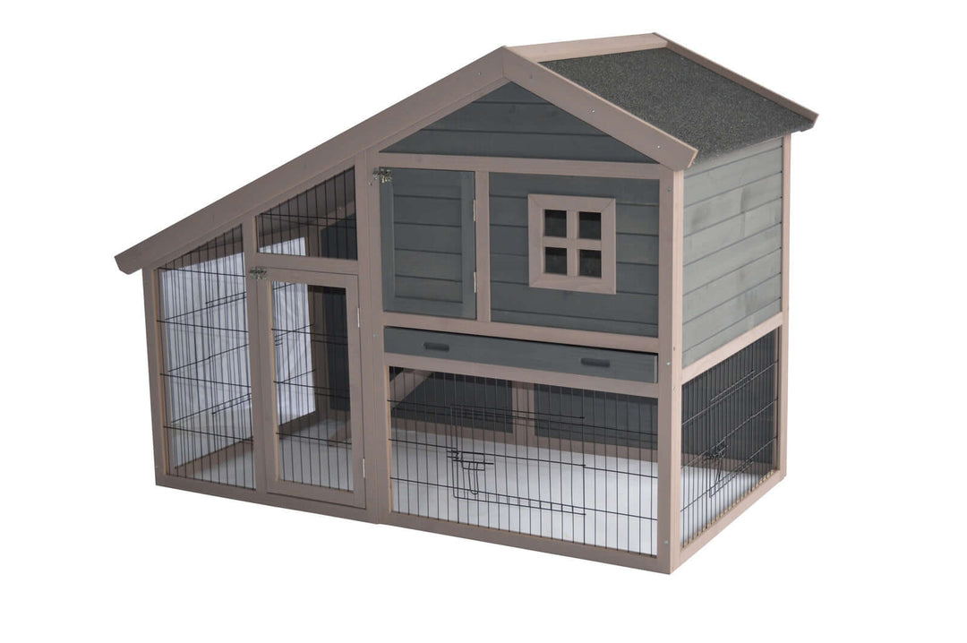 Grey chicken coop rabbit hutch suitable for pets with a durable design and secure exterior.