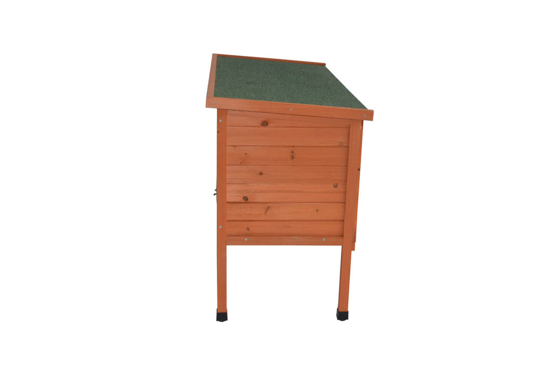 Affordable wooden pet hutch with green roof for rabbits, guinea pigs, and ferrets, designed for safety and comfort.