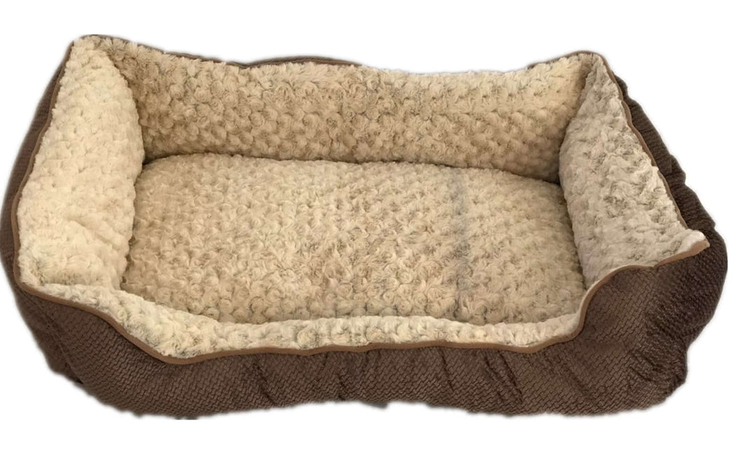 Large washable brown pet bed cushion for dogs and cats, soft fleece surface, affordable quality and comfort.