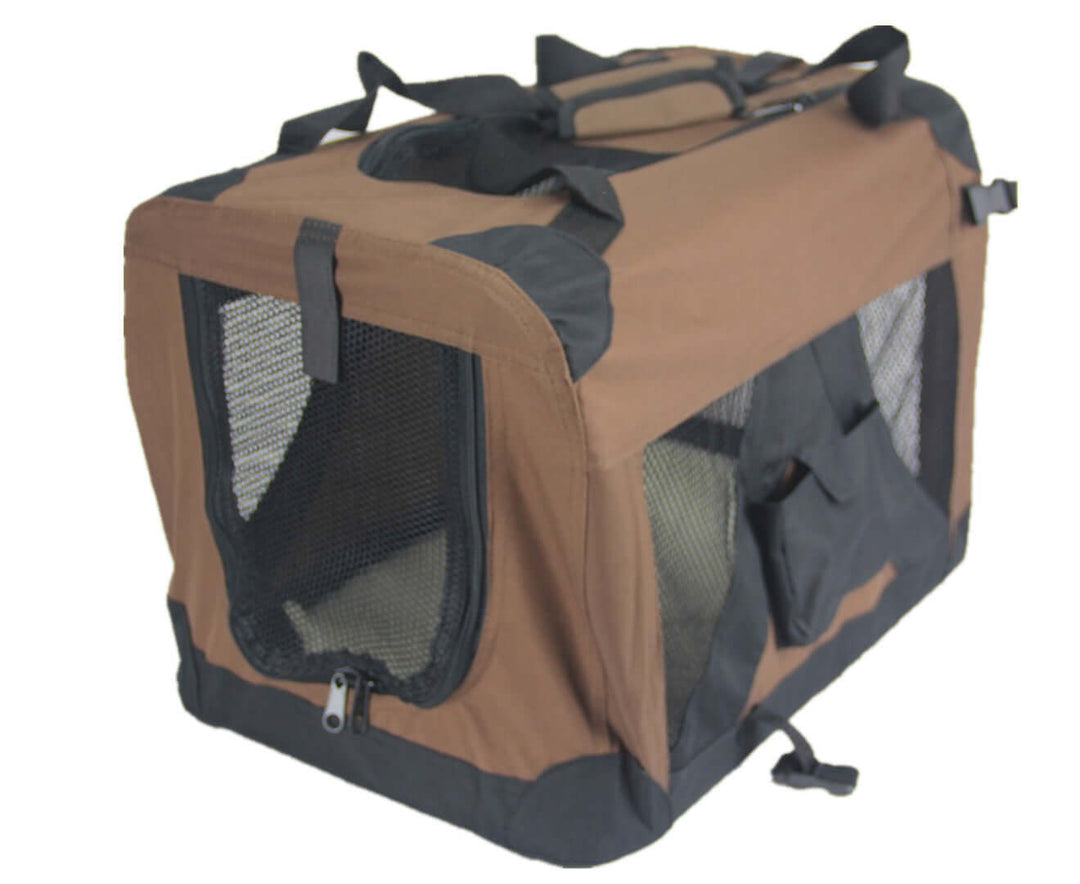 Affordable quality brown portable soft pet crate with mesh windows for dogs and cats, easy access and foldable design.