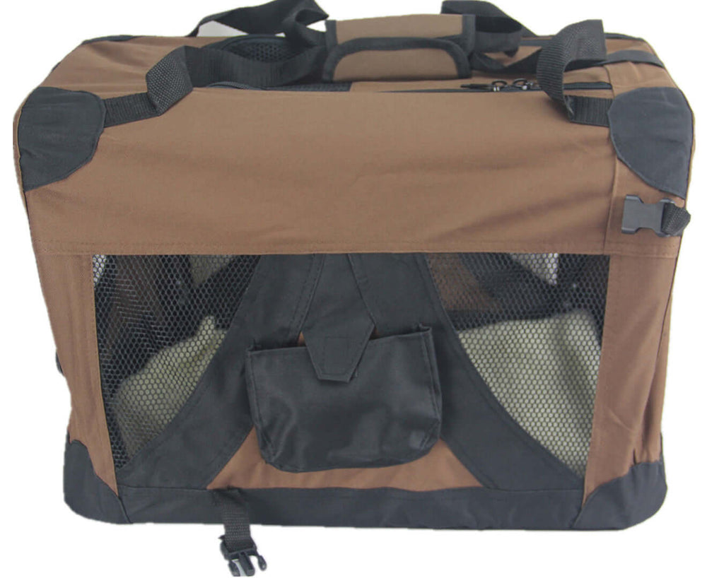 Large brown portable soft crate for dogs and cats with mesh windows and side storage bag for travel.