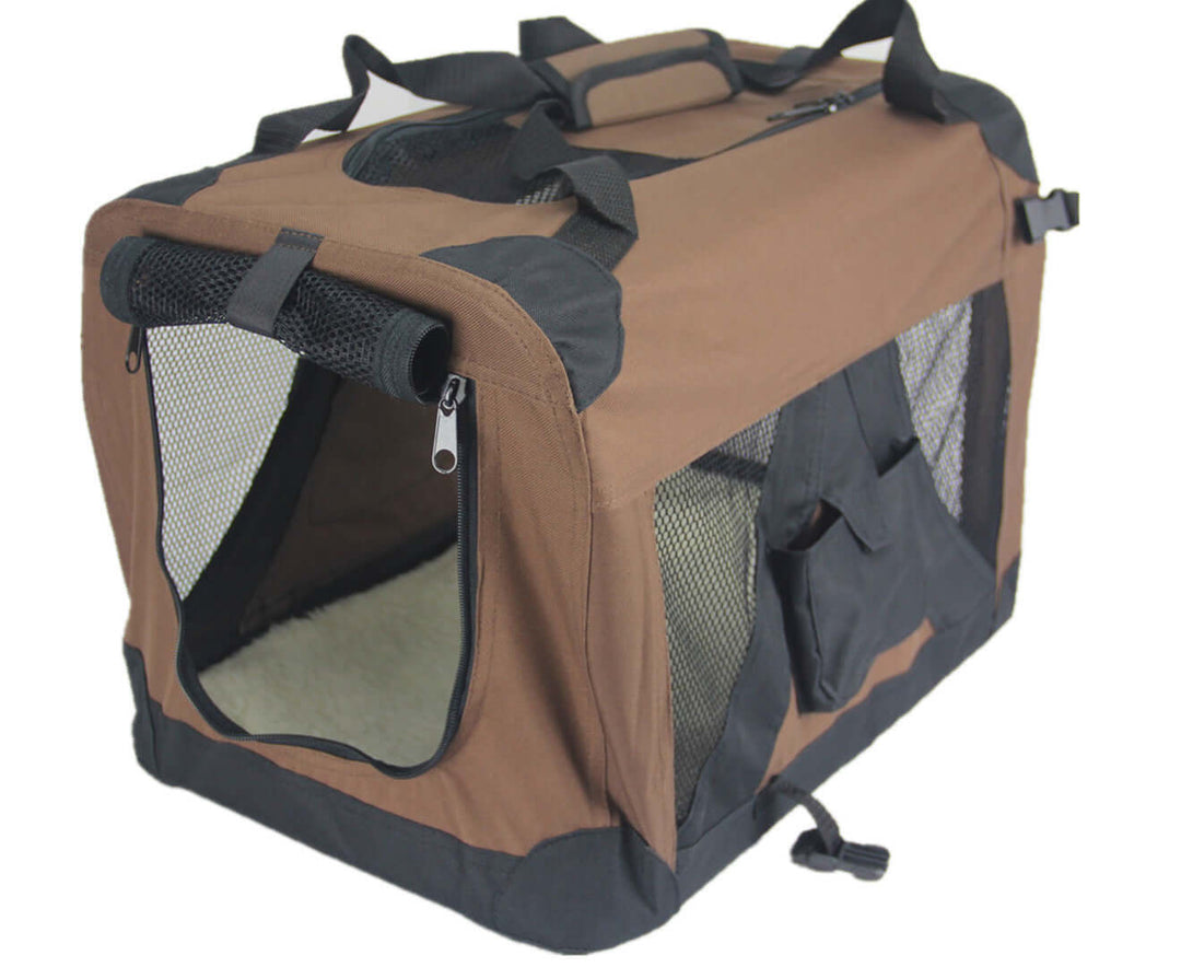 YES4PETS Large Portable Foldable Pet Dog Cat Soft Crate in Brown, featuring mesh windows and sturdy construction.