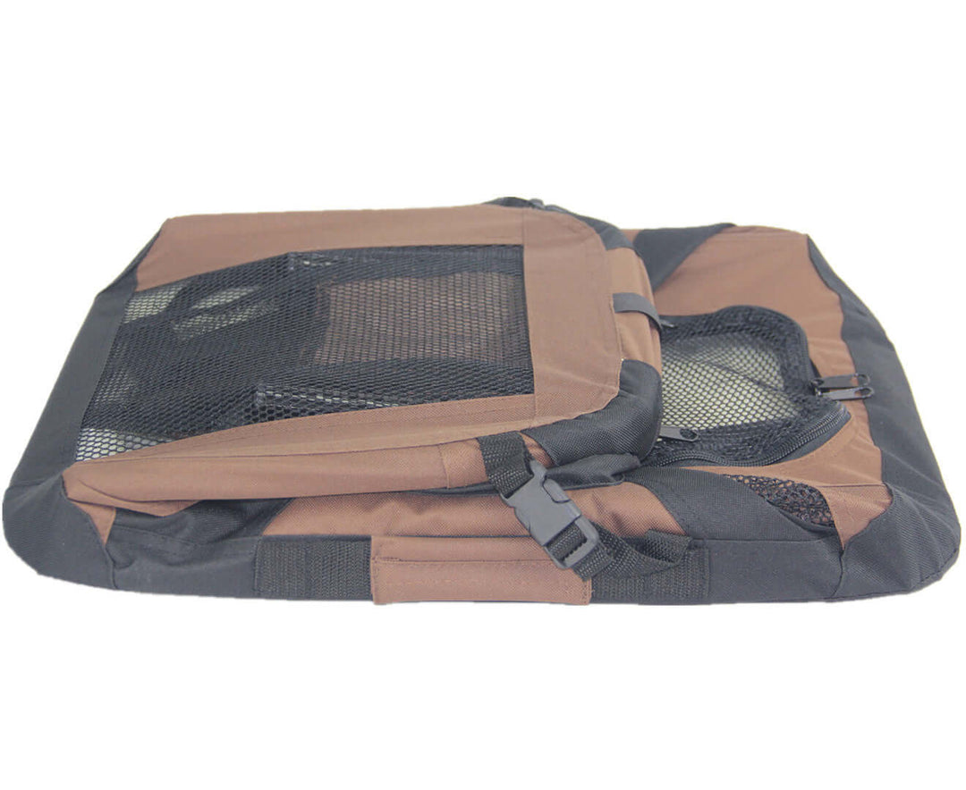 Large foldable pet travel crate in brown, featuring mesh panels for ventilation and compact design for easy storage.