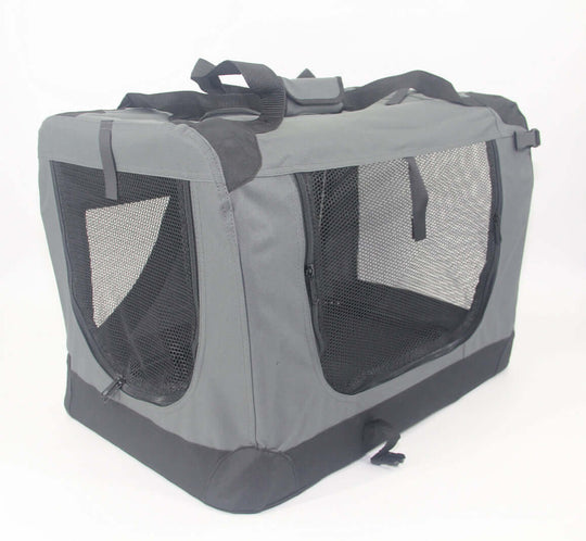 YES4PETS medium portable foldable dog crate carrier in grey with mesh windows for ventilation and accessibility.