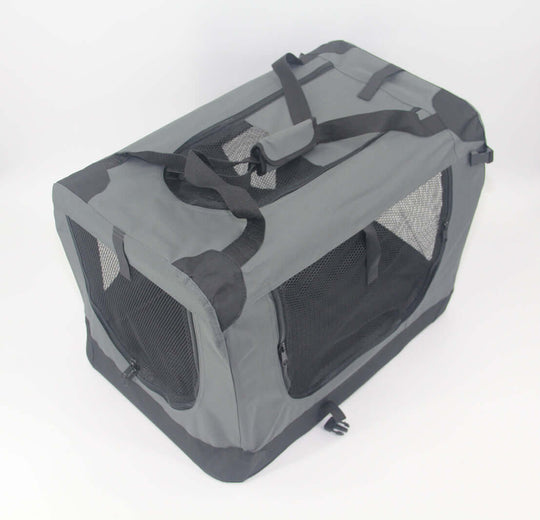 Affordable medium portable foldable dog cat soft crate carrier in grey, featuring durable mesh and sturdy construction.