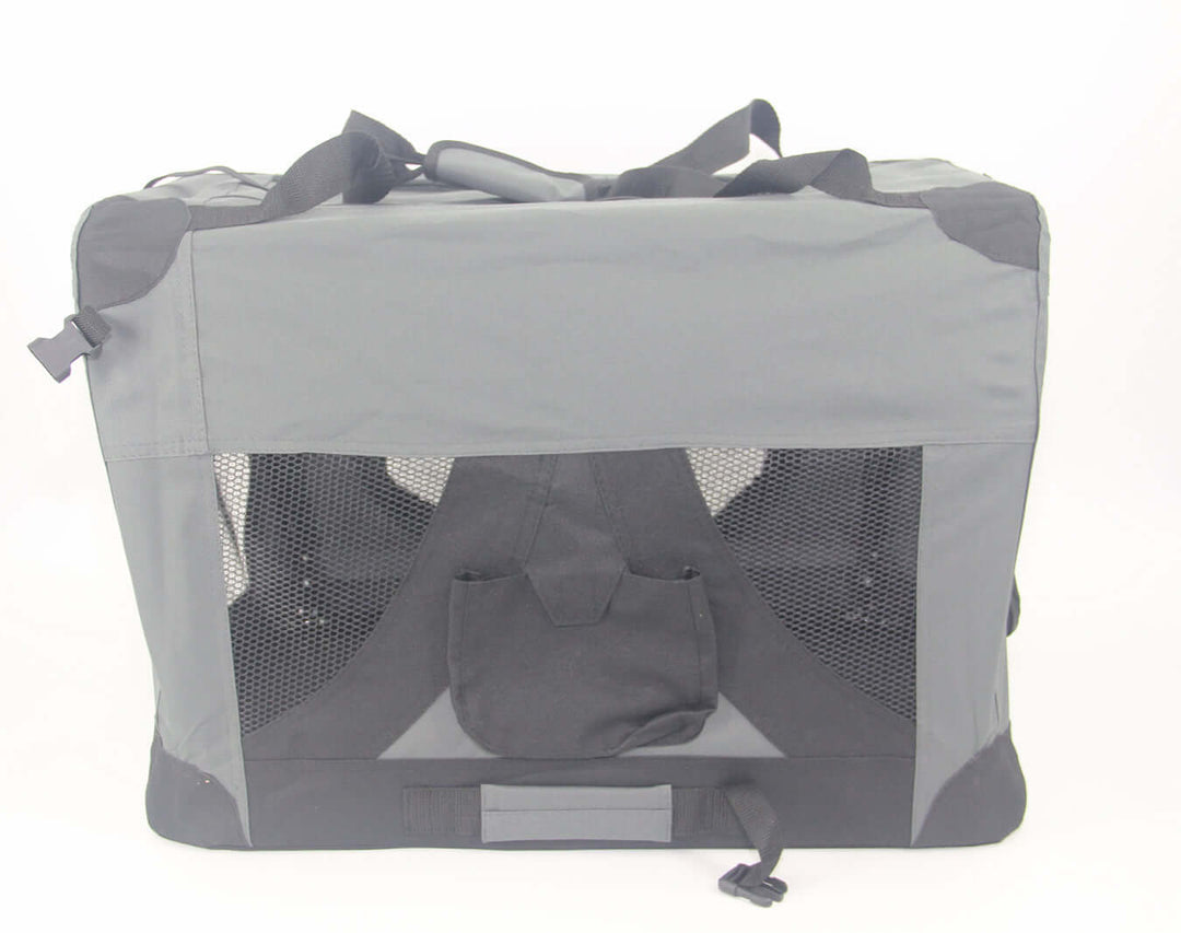 YES4PETS portable foldable dog cat crate carrier in grey with mesh panels for ventilation and secure design.