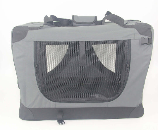 Affordable quality medium portable foldable dog cat crate carrier with mesh windows in grey.