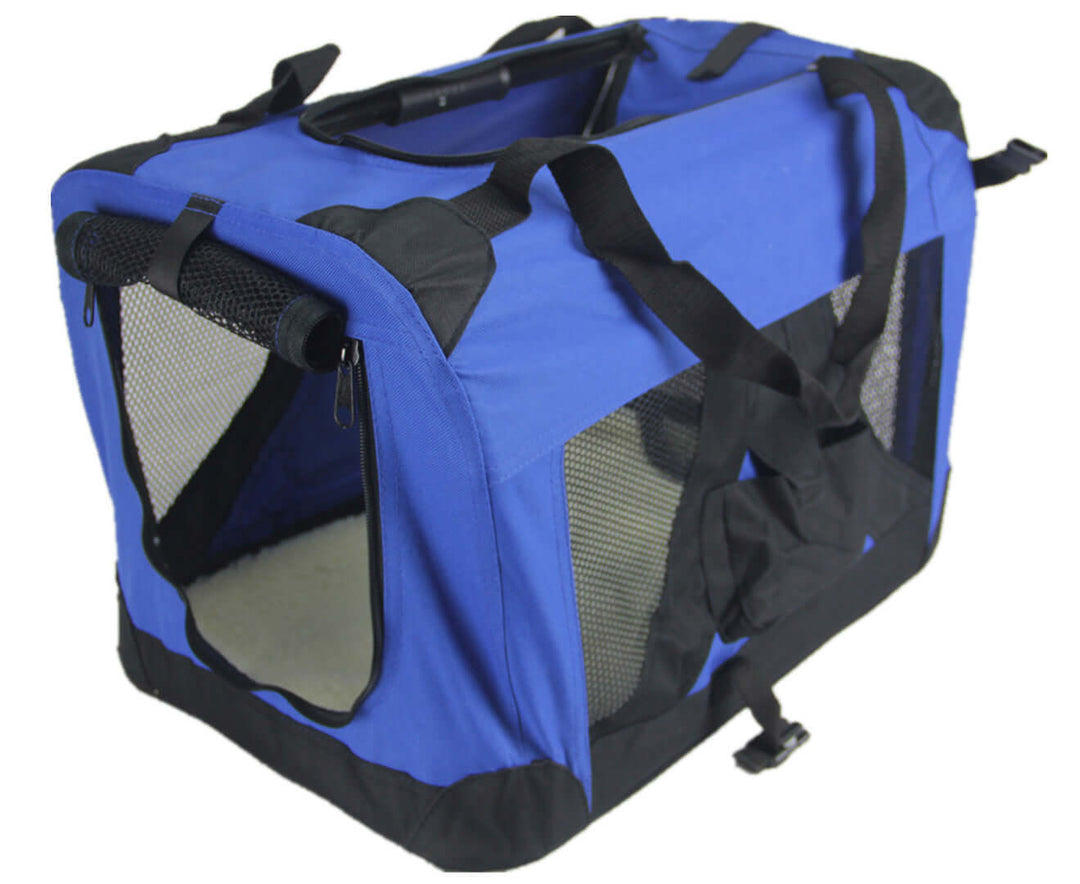 Affordable blue soft crate for dogs and cats, portable and foldable, featuring mesh panels for ventilation and easy access.