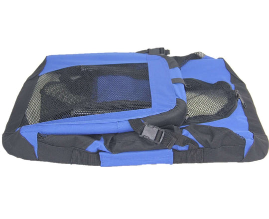 Blue foldable soft crate for dogs and cats featuring mesh ventilation and durable polyester construction.