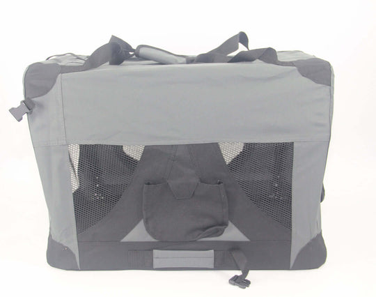 YES4PETS portable foldable dog and cat crate in grey with mesh windows for ventilation and accessory bag.