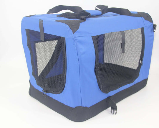 XXXL portable foldable pet crate in blue, featuring durable mesh windows and easy-access door for pets.