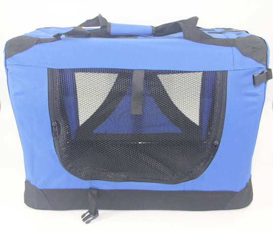 Blue portable foldable pet crate with mesh windows for ventilation and easy access, ideal for dogs and cats.