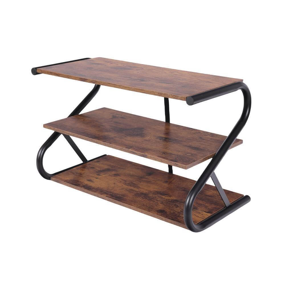 Affordable matte black frame rustic wood 3-tier shoe rack shelf stand for stylish storage and organization.