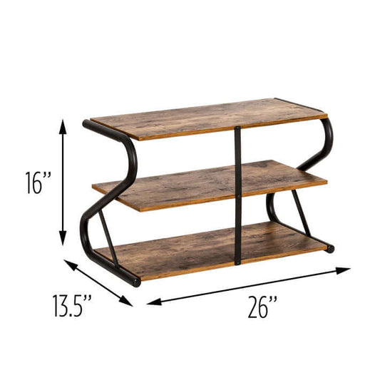 Matte black frame rustic wood 3-tier shoe rack dimensions 26"x16"x13.5" - Affordable storage organizer for shoes.