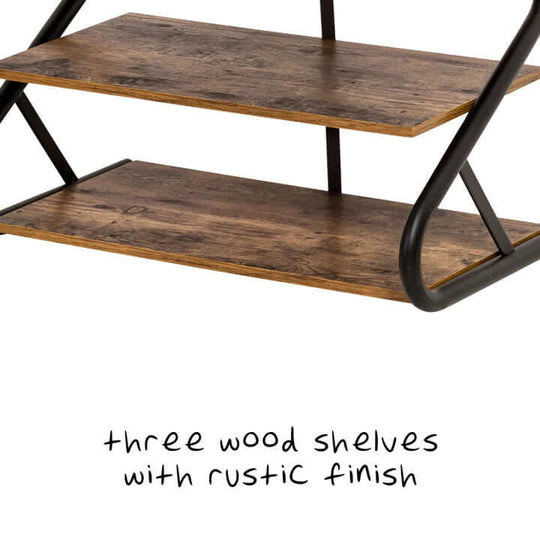 Three rustic wood shelves on a matte black frame shoe rack, perfect for affordable and stylish shoe organization.