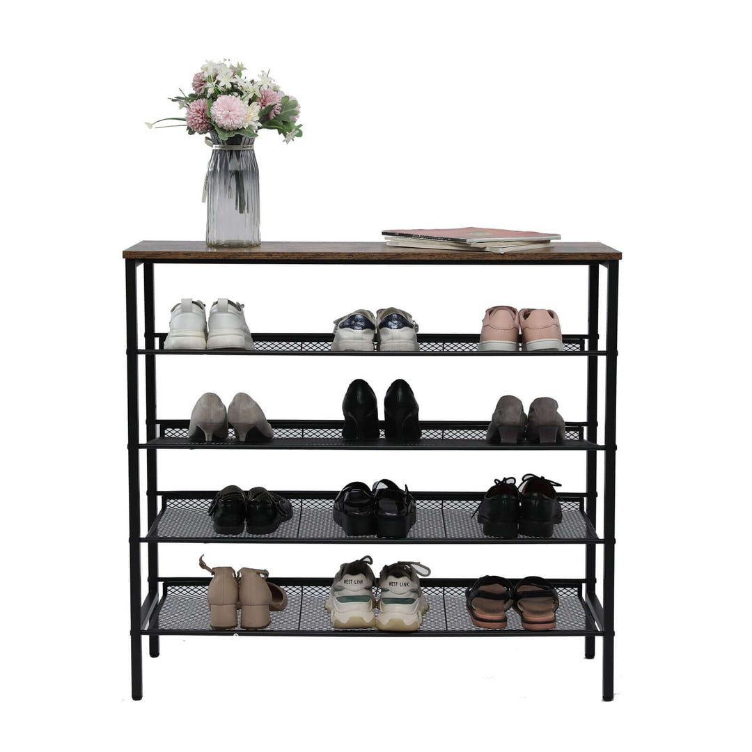 Elegant 5-tier shoe rack with wooden top, displaying shoes and a vase of flowers, perfect for entryways or living rooms.