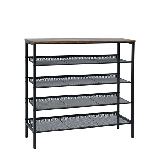 YES4HOMES 5-tier adjustable shoe rack with wooden top and metal frame for stylish storage in entryway or bedroom.