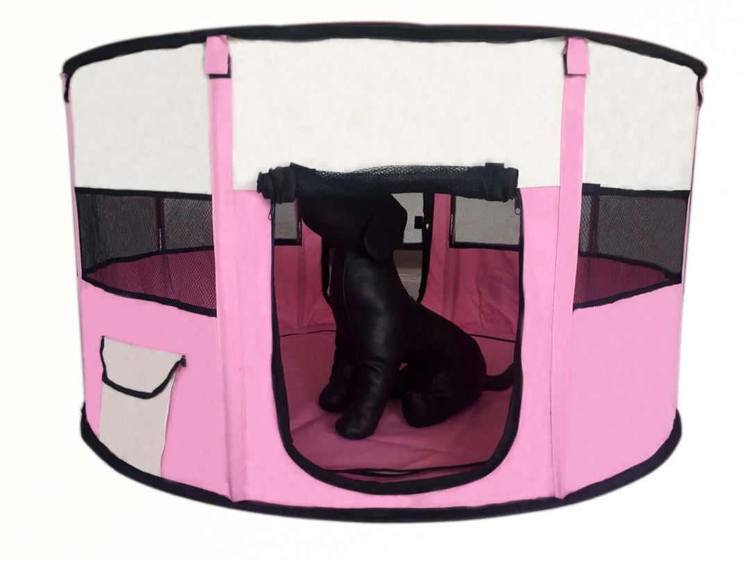 Affordable large pink soft playpen for dogs, cats, and rabbits, providing a secure and airy play area.