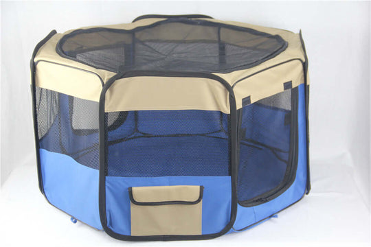 Small blue and tan dog and cat playpen with mesh windows and doors for easy access, ideal for pets.