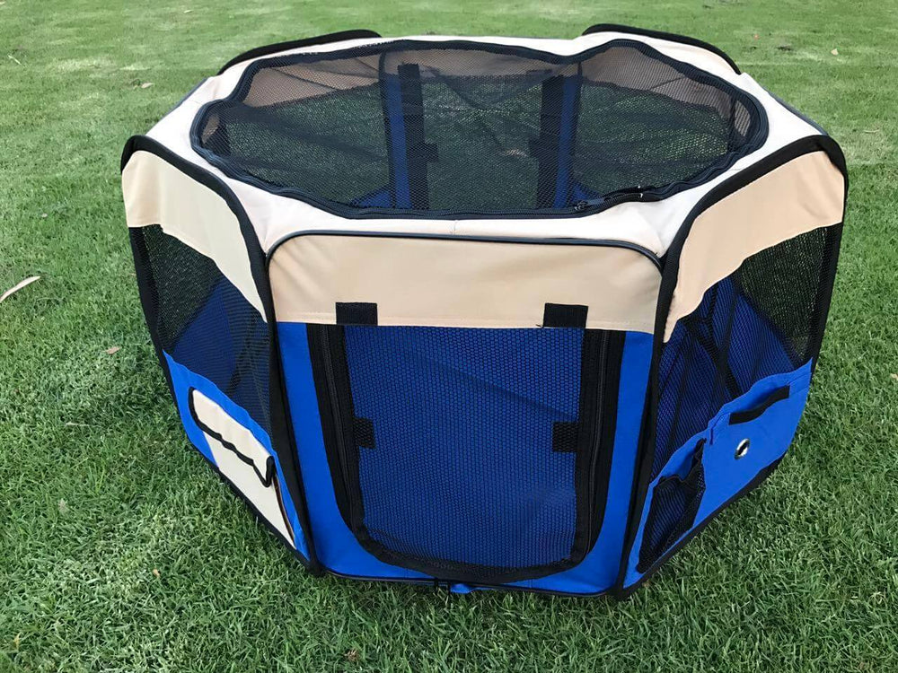 Small blue pet playpen for dogs, cats, and small animals with mesh windows and doors for easy access.