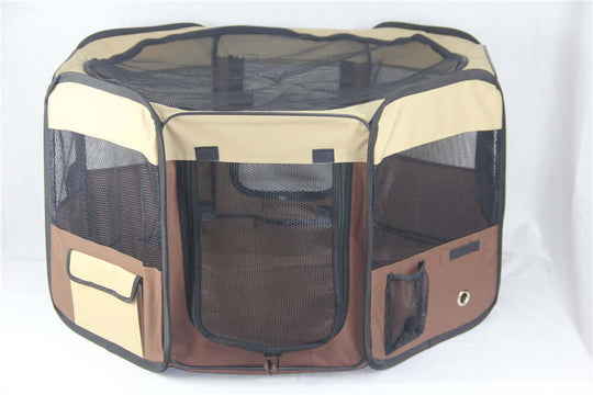 YES4PETS Soft Playpen for Small Pets - Brown Dog, Cat, Puppy, Rabbit, Guinea Pig with mesh windows and storage pockets