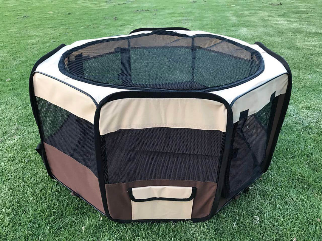 Affordable small pet soft playpen for dogs, cats, and small animals with mesh windows and removable roof.