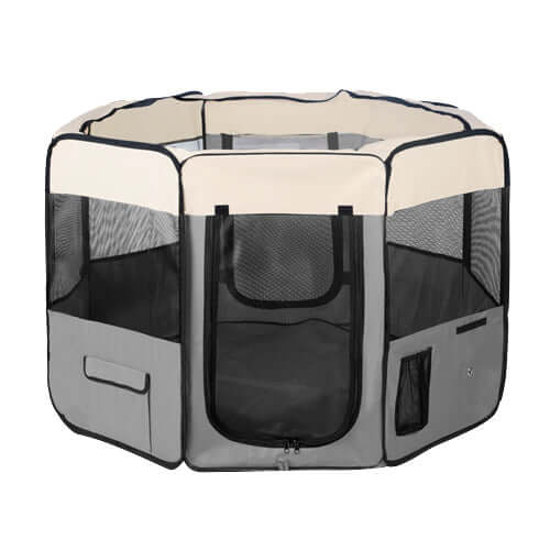 Affordable quality small pet playpen for dogs, cats, and small animals with mesh windows and easy-access doors.