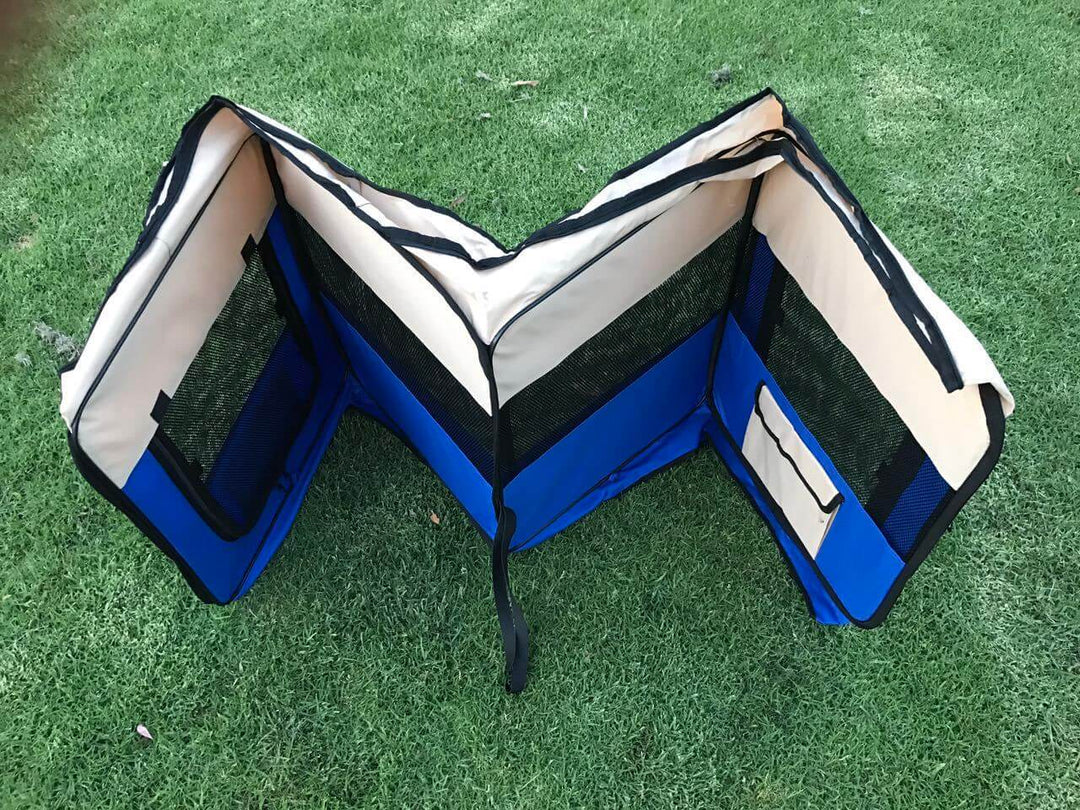 Medium blue pet playpen for dogs and cats with mesh windows, 2 doors, and side pockets for accessories.