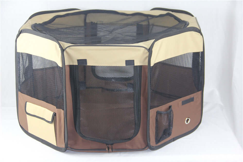 YES4PETS Medium Brown Pet Playpen with mesh windows and multiple doors for easy access and ventilation.