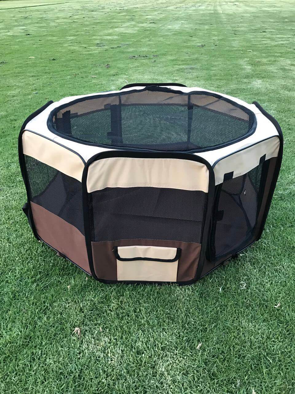 YES4PETS medium brown soft playpen for pets with mesh windows and removable roof on grass.